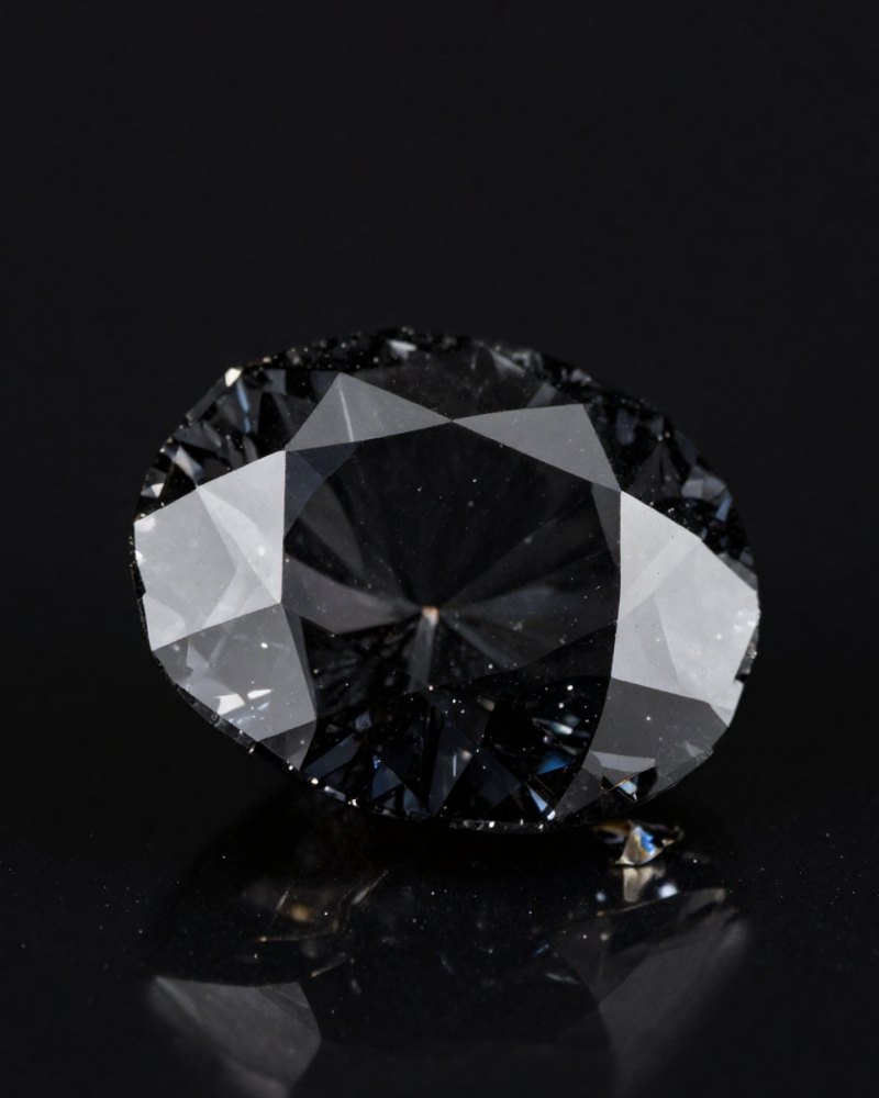 A dark faceted diamond reflected on black