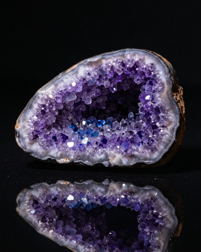 An amethyst geode reflected on black