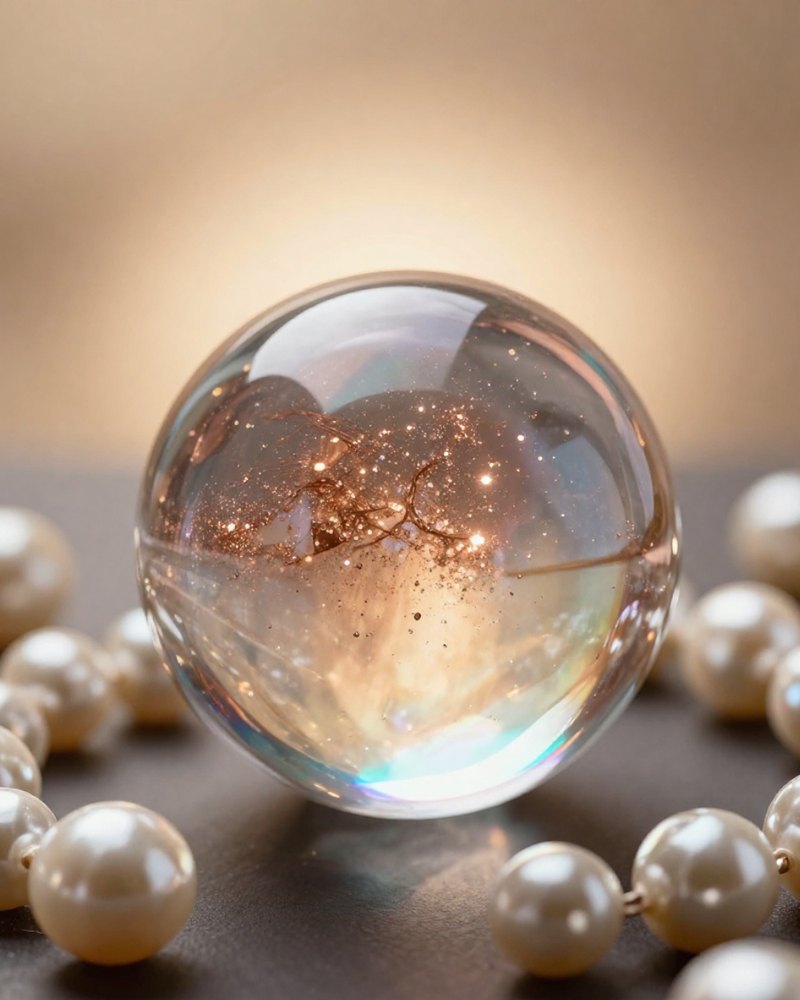 A glass sphere holding gold light, circled by pearls