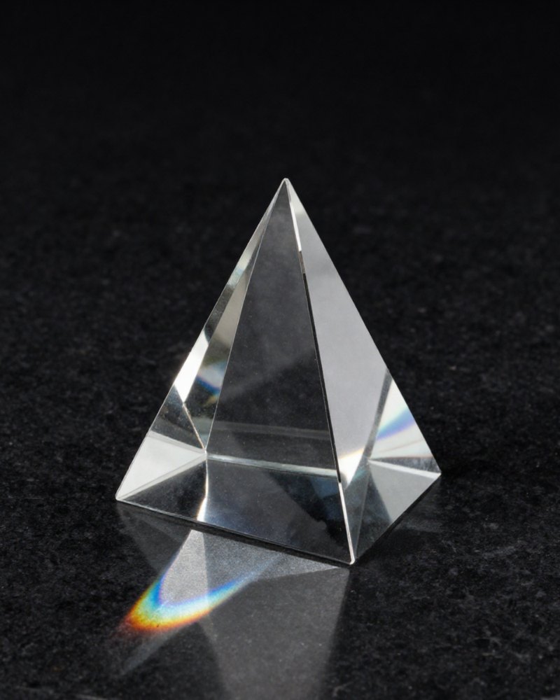 A clear crystal pyramid casting a spectrum on black stone